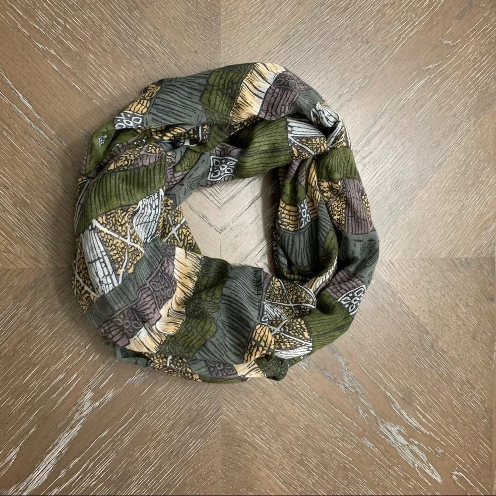 Infinity scarf with green tan print